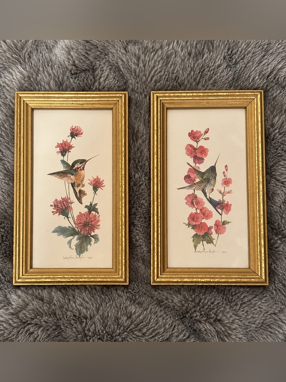 Vintage Carolyn Shores Wright Hummingbird Floral Prints Set of 2